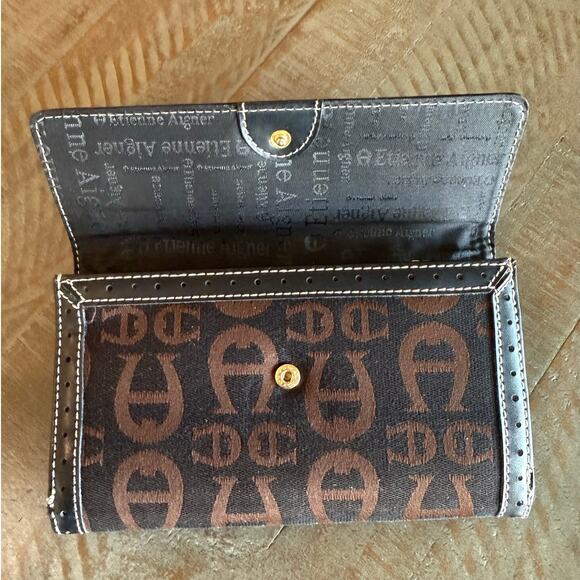 Etienne Aigner Brown and Black Monogram Logo Wallet Zipper and Flap - Picture 2 of 8